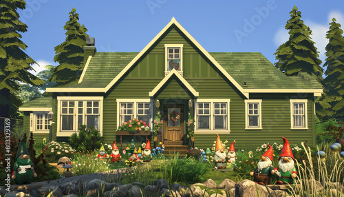 Cape Cod style vacation home in crisp apple green, with a quaint front garden featuring a whimsical gnome collection.