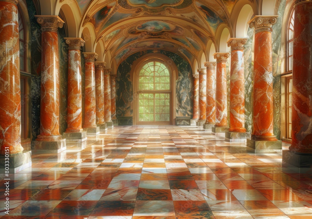 ornate hallway with marble columns and colorful tiled floor