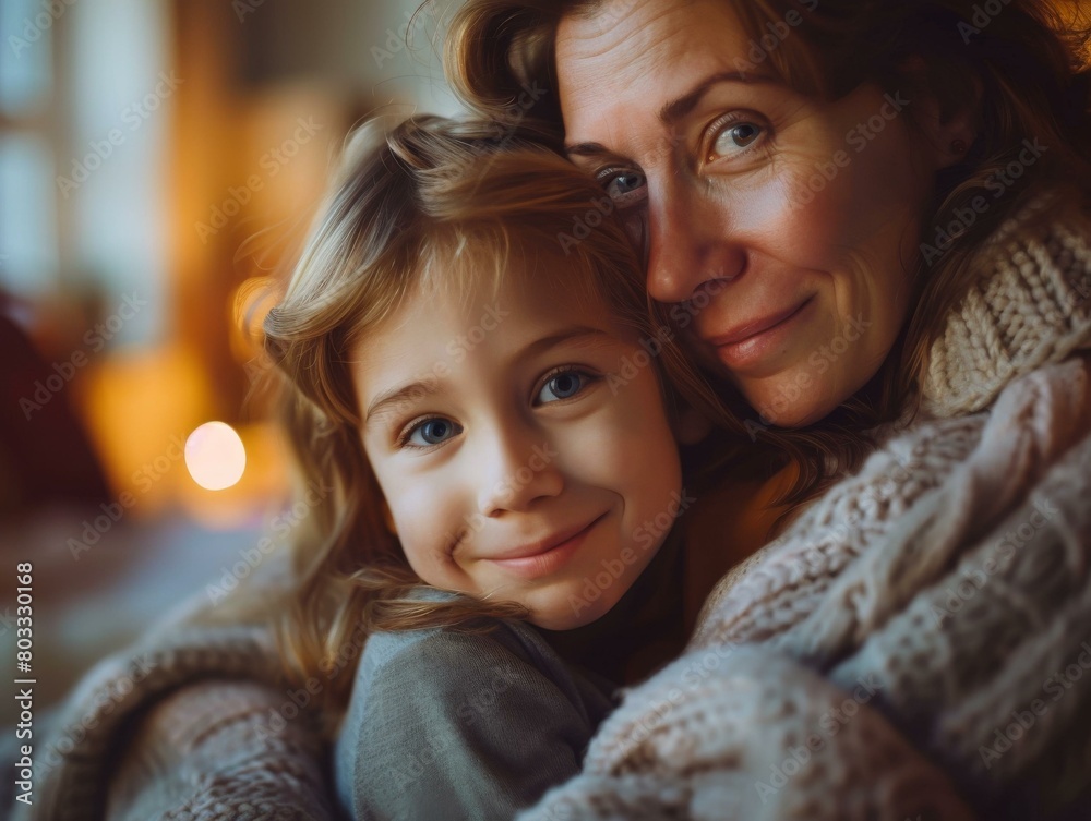 A mother and her daughter are smiling and hugging each other. A mother and her daughter are smiling and hugging each other.
