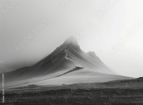 Black and white photo of a person walking on a mountain ridge