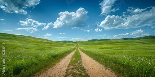 dirt road through a lush green grassy hill landscape photo