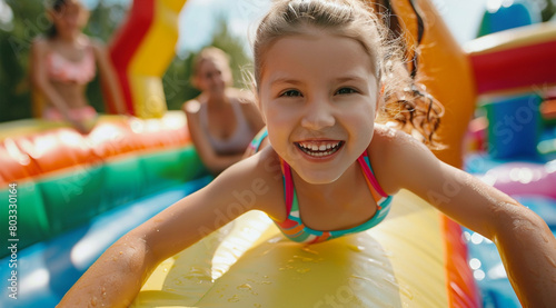 Little girl having fun on an inflatable bouncy castle, with her family watching in the background.