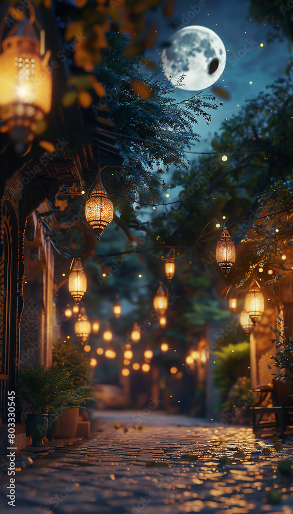 Vertical recreation of small street illuminated with muslim lanterns lighting on a full moon night