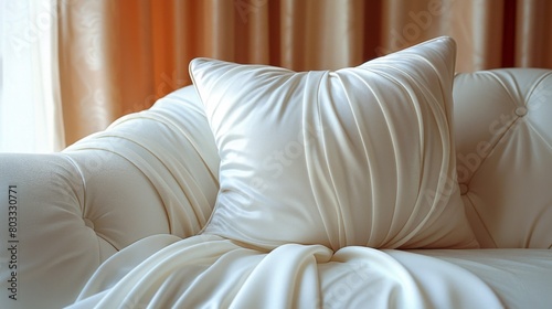 A white pillow on a couch with some curtains behind it, AI