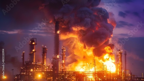Industrial oil refinery fire causes explosion releasing dark smoke into the sky. Concept Oil Refinery, Industrial Fire, Explosion, Dark Smoke, Environmental Disaster