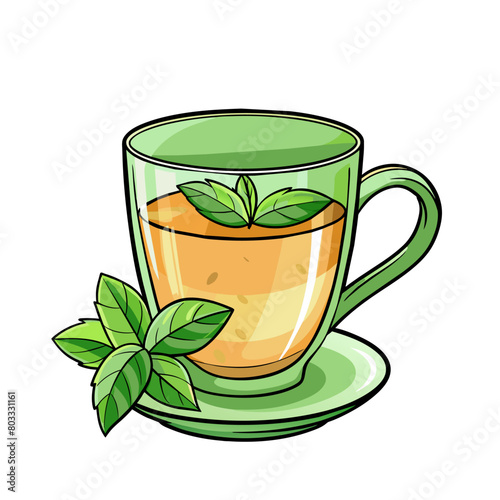 transparent teacup with tea and mint cartoon style on white