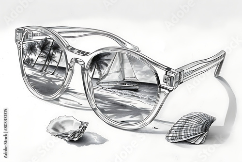 sunglasses with the reflection of yacht beach and palms, pencil drawing, white and black, summertime concept, weekend wallpaper photo