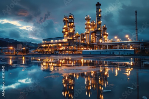 Oil refinery at night with lights reflecting off the water