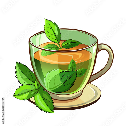 transparent teacup with tea and mint cartoon style on white
