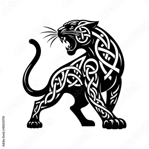 panther, jaguar, leopard silhouette in animal celtic knot, irish, nordic illustration