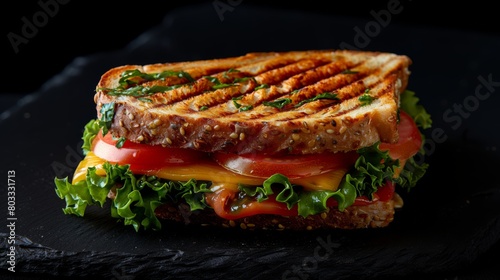 Grilled sandwich on a plate with cheese and vegetables