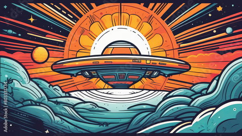 Retro-futuristic landscape with a UFO above ocean waves at sunset