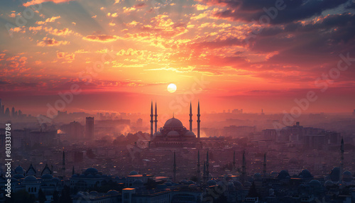 Recreation of a big mosque in a muslim city at sunset photo