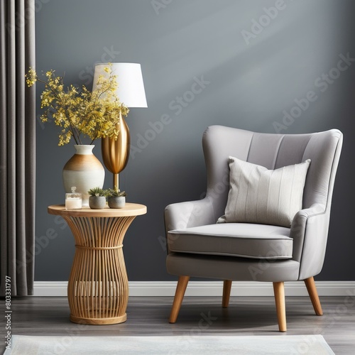 A stylish gray armchair with a white lamp and a vase of yellow flowers on a round wooden table beside it