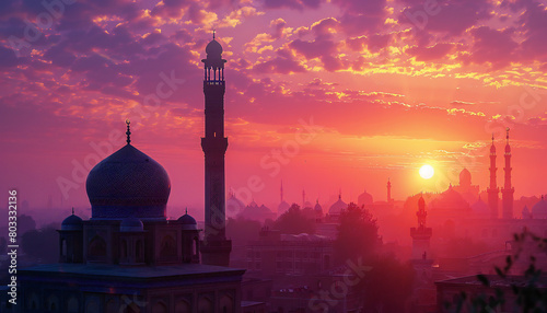 Recreation of a big mosque with minaret in a muslim city at sunset	 photo