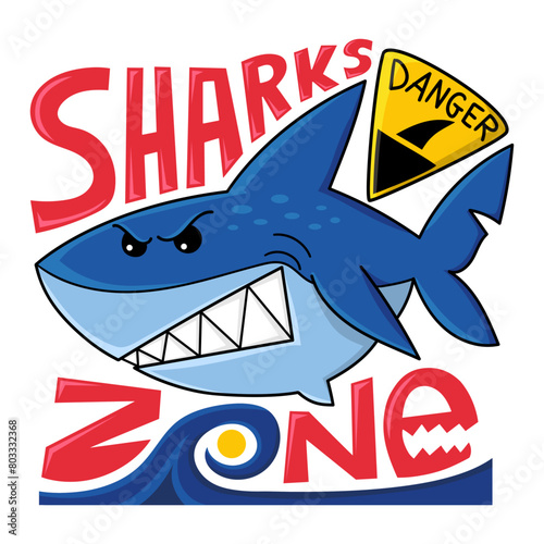 Illustration of a terrifying shark showing its teeth, with the fat shark zone and a sign warning of shark danger, graphic design for t-shirt