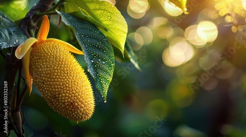 Jackfruit on the tree in the garden with bokeh background