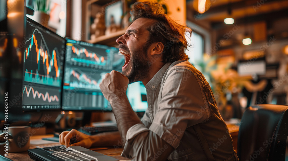 Successful Stock Market Day Trader Analyzing Real-Time Investment Charts on Multi-Monitor Workstation. Trader and business concept