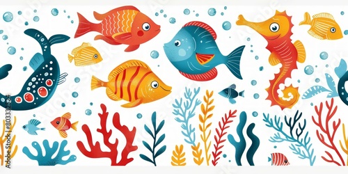 Underwater life. Vector seamless pattern with hand drawn cute fishes and seaweeds