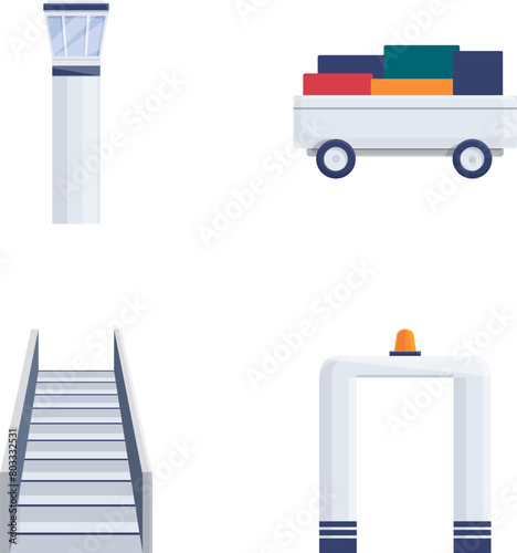 Airport icons set cartoon vector. Various airport equipment. Vacation, tourism