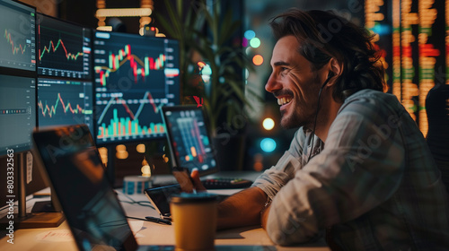 Successful Stock Market Day Trader Analyzing Real-Time Investment Charts on Multi-Monitor Workstation. Trader and business concept
