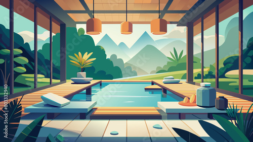 A serene spa retreat nestled in the tranquil embrace of majestic mountains. Enjoy a blissful escape surrounded by nature's beauty.