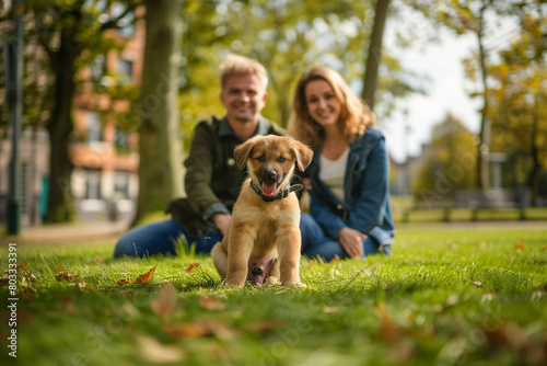 Family portrait with a playful puppy on a grassy lawn in a city park, happy faces, casual clothing, trees around.