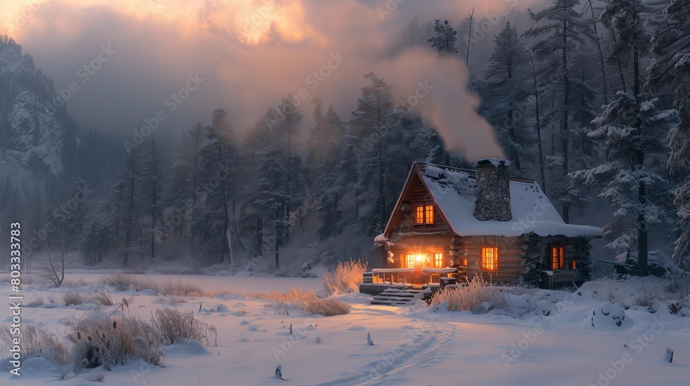 Serene Evening at Rustic Cabin, generative ai Serene Evening at Rustic Cabin, generative ai