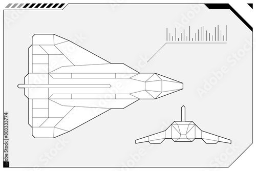 HUD futuristic starship scheme on spacecraft cockpit radar dashboard control panel. Spaceship wireframe on FUI head up display. Command center UI screen. GUI Sci Fi hi tech digital shuttle frame. Eps