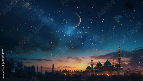 Recreation of a muslim mosque a starry night with half moon