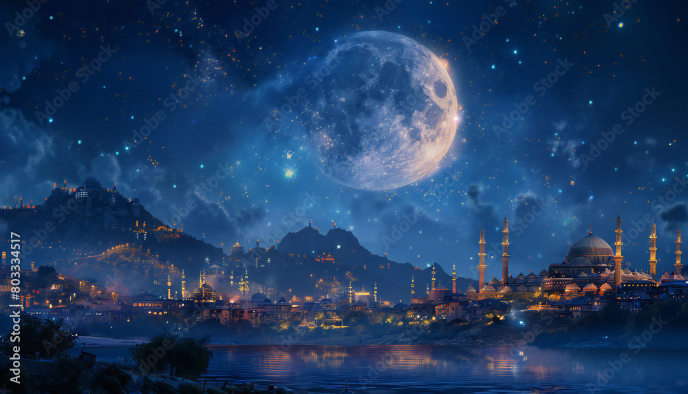 Landscape recreation of a islamic city with a big mosque under a giant full moon Landscape recreation of a islamic city with a big mosque under a giant full moon