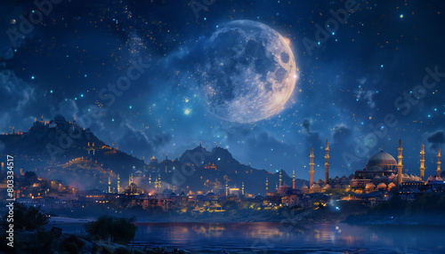 Landscape recreation of a islamic city with a big mosque under a giant full moon