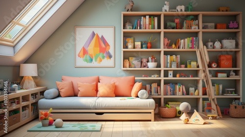 A cozy reading nook in a child's bedroom with a sofa, bookshelf, and lots of natural light