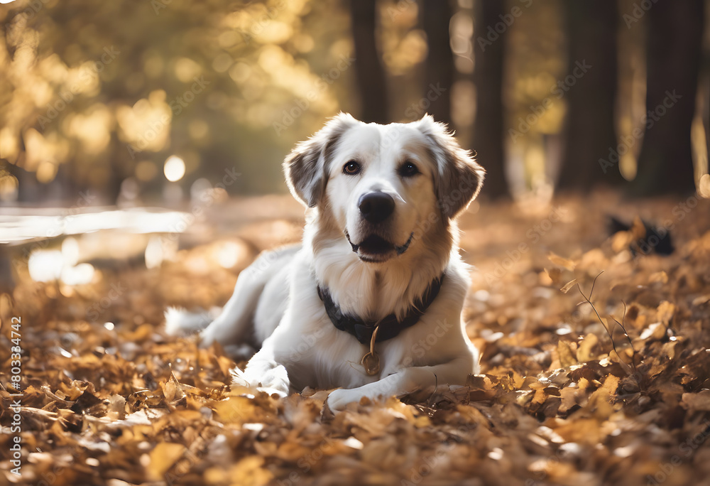 A golden retriever lying on a bed of autumn leaves in a park, with sunlight filtering through the trees. International Dog Day.