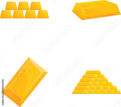 Gold ingot icons set cartoon vector. Shiny minted golden bar. Financial concept