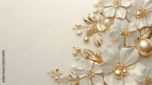 Beautiful 3Dbege flower with golden touch and pearls on decorative background as wallpaper illustration, Elegant backdrop with copy space  © iv work
