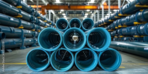 Stacks of blue plastic pipes in a warehouse photo