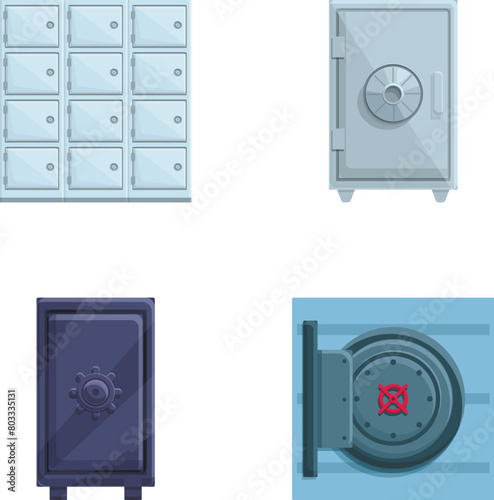 Metal safe icons set cartoon vector. Armored box to protect money and document. Deposit protection, banking service