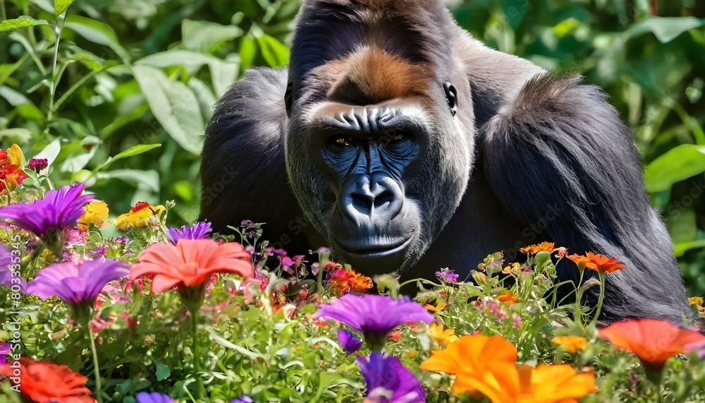 A Curious Gorilla Inspecting A Patch Of Colorful F  2