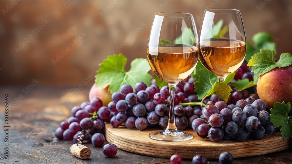 Two glasses of wine are sitting on a wooden board with grapes and apples, AI