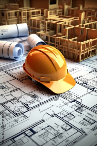 An illustration of a yellow hard hat on top of a set of blueprints.