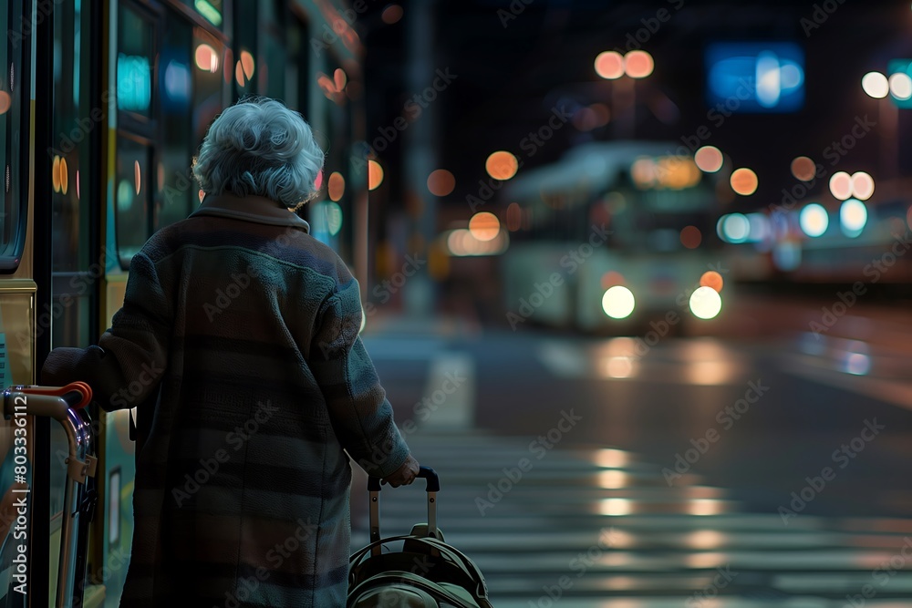 Senior Woman Boarding Night Bus Senior Woman Boarding Night Bus