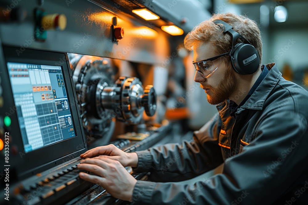Worker operating CNC machine in modern factory Worker operating CNC machine in modern factory