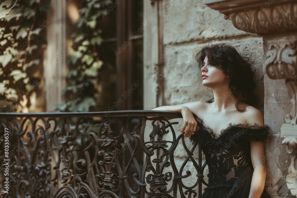 Fototapeta premium Woman in Black Dress Leaning on Balcony