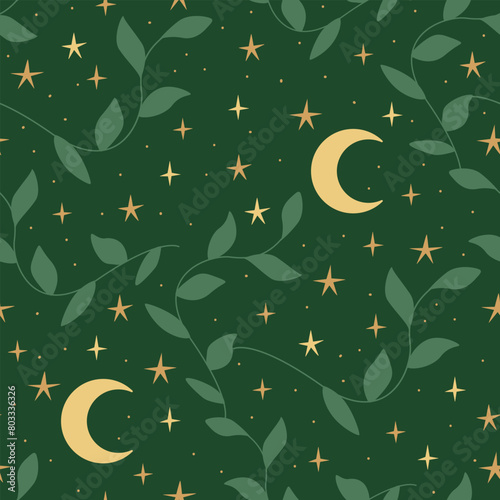 Mystical floral seamless pattern with leaf branches, moon and stars. Botanical vector flat background