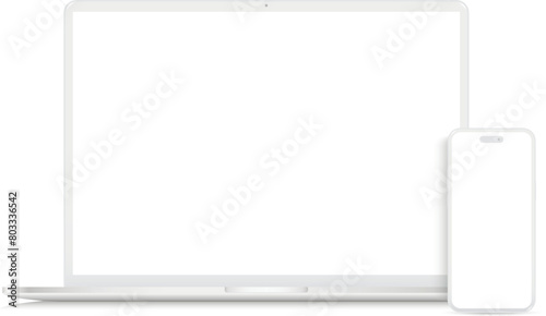 Realistic white laptop and smartphone mock up photo