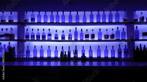 Electric blue bottles in pub or restaurant
