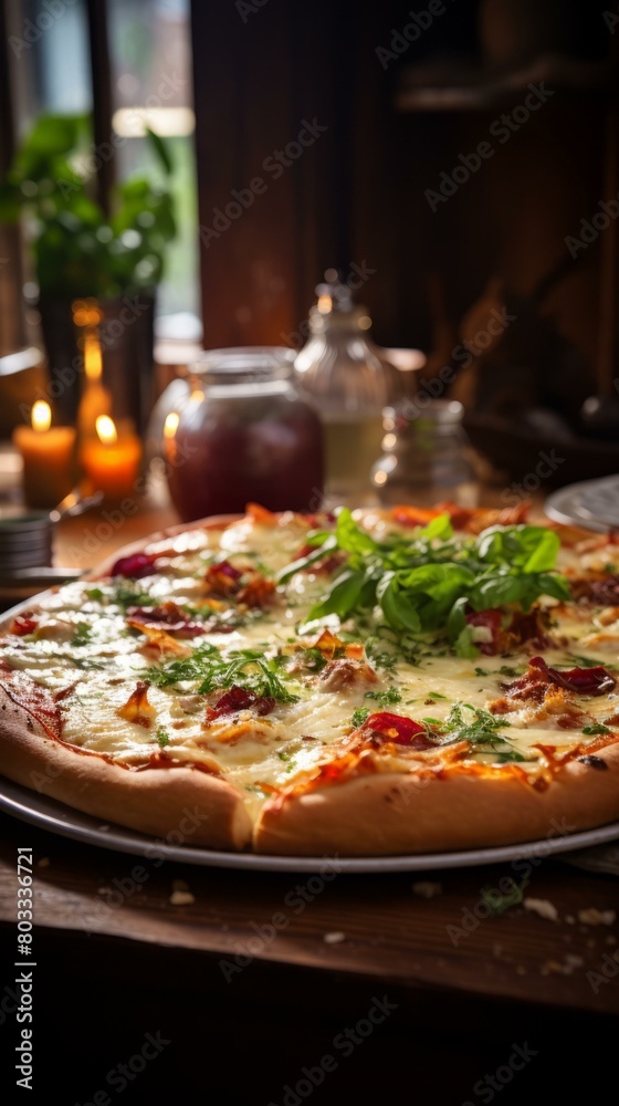 A delicious pizza sits on a table ready to be eaten