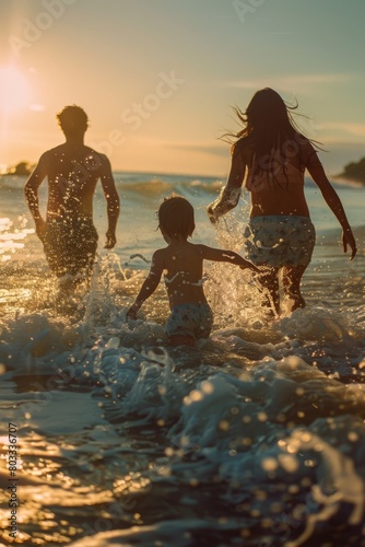 A family having fun walking across waves at a beach