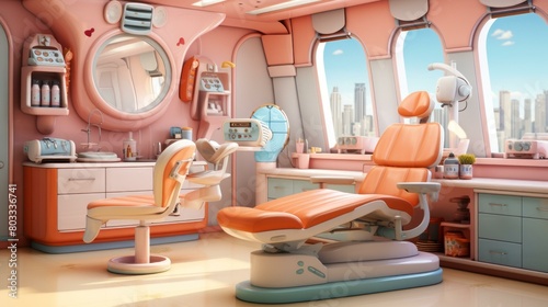 A dentist's office with a large window looking out onto a cityscape photo